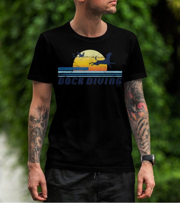 Dock Diving Jumping Dog Mom Dad Retro Sunset T-Shirt