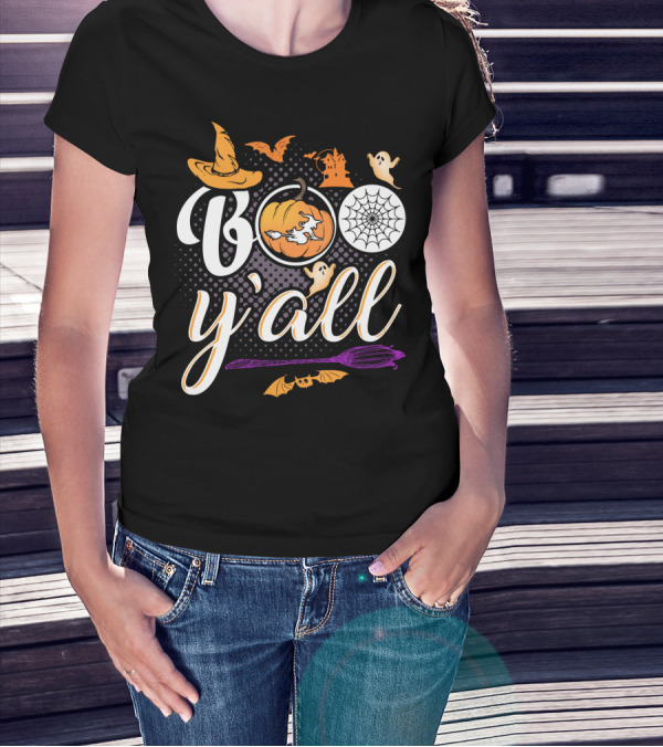 Boo Y'all Halloween Witch Hat Pumpkin Ghost Spiderweb Broomstick T-Shirt