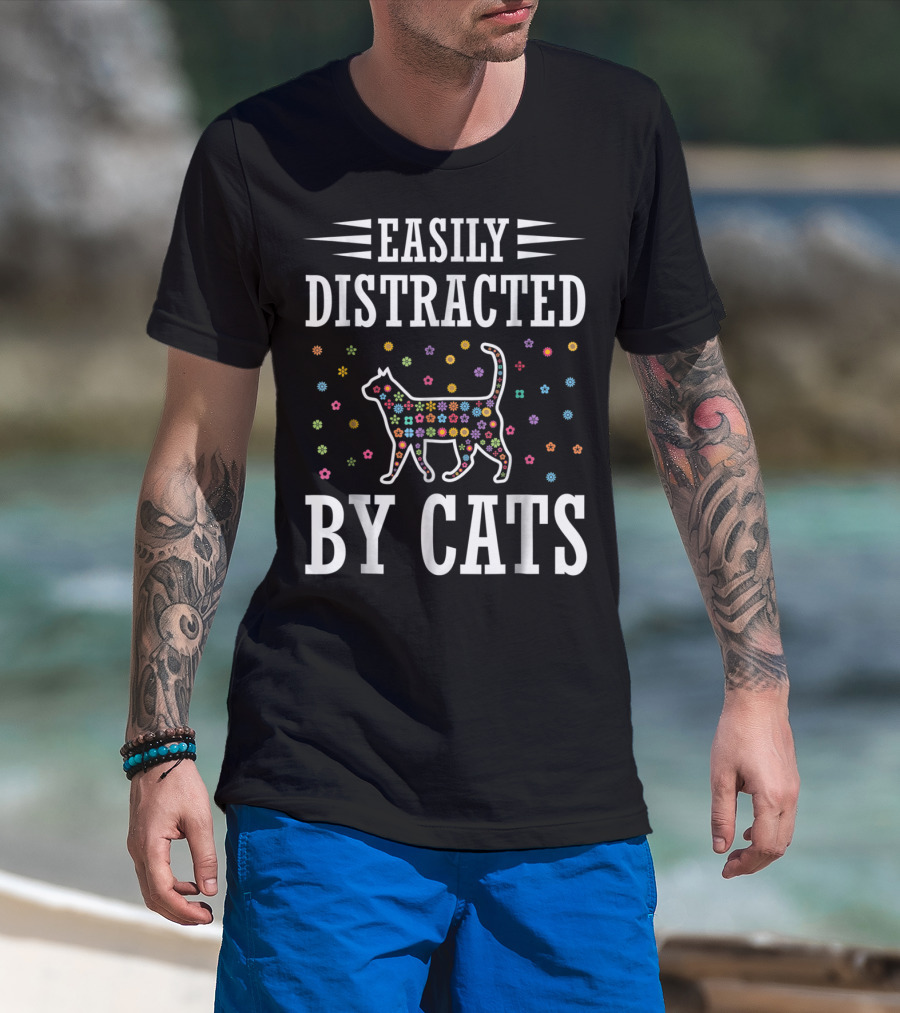 Easily Distracted By Cats Colorful Floral Cat T-Shirt