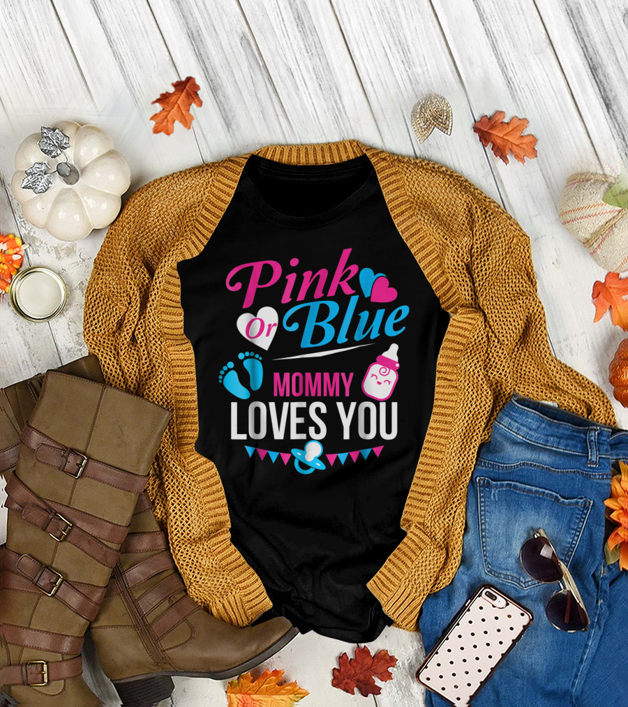 Pink or Blue Mommy Loves You Gender Reveal Hearts Bottle Pacifier T-Shirt