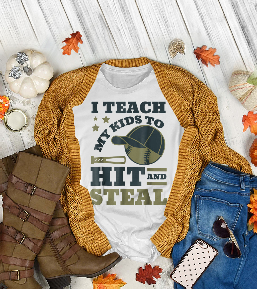 I Teach My Kids to Hit and Steal Funny Baseball Bat Hat Stars T-Shirt