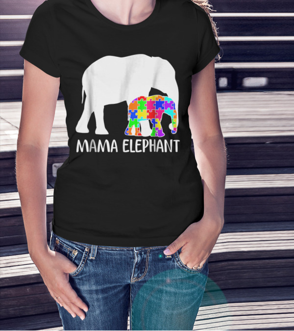Mama Elephant Autism Awareness Puzzle Elephant Mother T-Shirt
