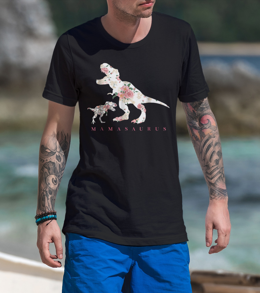 Mamasaurus Dinosaur With Floral And Puzzle Pattern For Autism Awareness T-Shirt