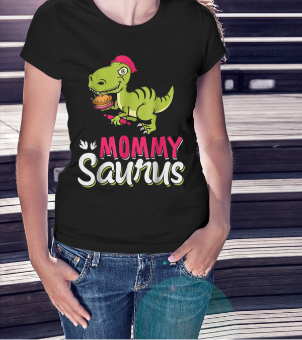 Mommy Saurus T-Rex Dinosaur With Burger And Red Bandana T-Shirt
