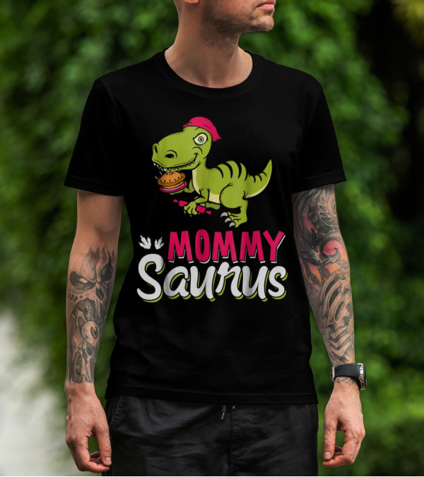 Mommy Saurus T-Rex Dinosaur With Burger And Red Bandana T-Shirt