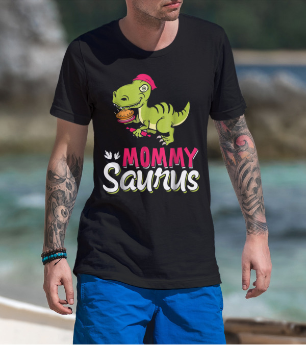 Mommy Saurus T-Rex Dinosaur With Burger And Red Bandana T-Shirt