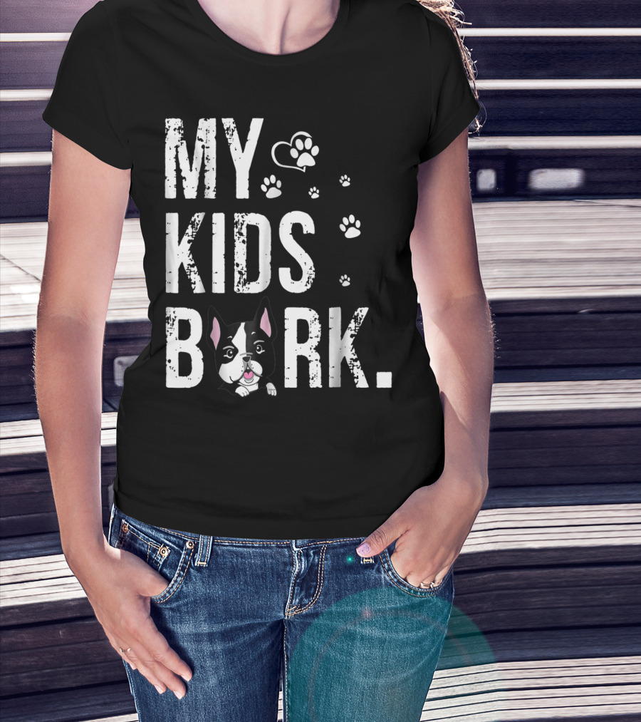 MY KIDS BARK Dog Paws Heart Icon Boston Terrier T-Shirt
