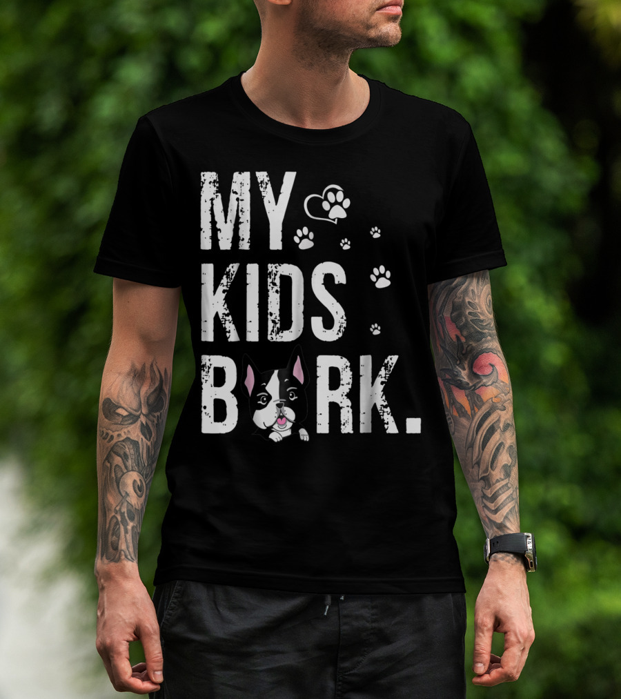 MY KIDS BARK Dog Paws Heart Icon Boston Terrier T-Shirt