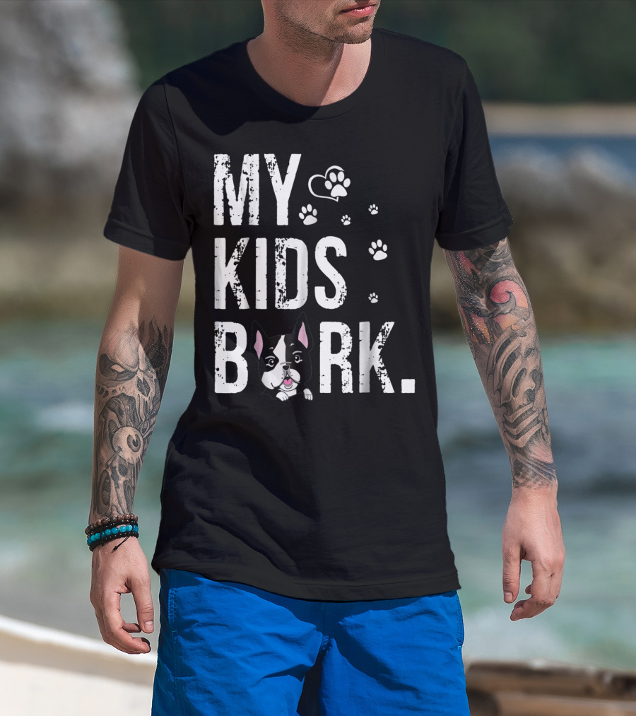 MY KIDS BARK Dog Paws Heart Icon Boston Terrier T-Shirt