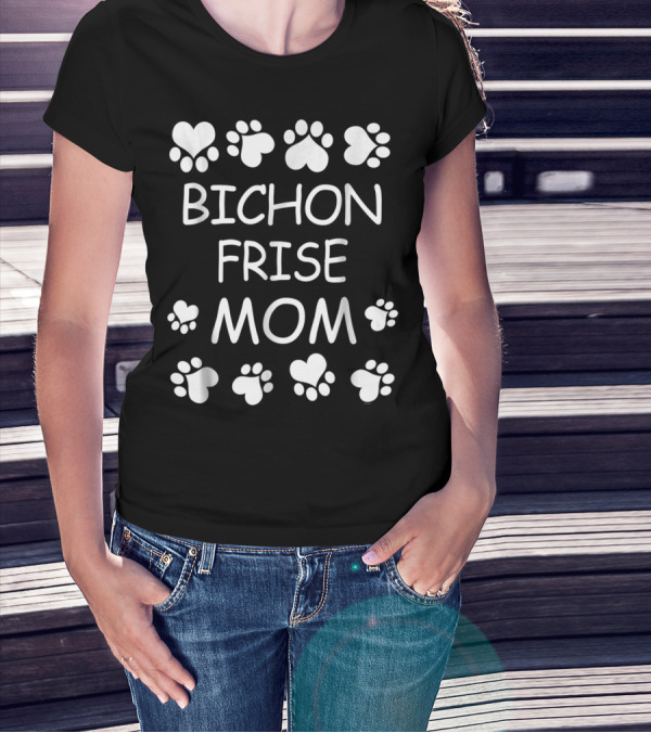 Bichon Frise Mom Paw Prints Hearts Christmas Birthday T-Shirt