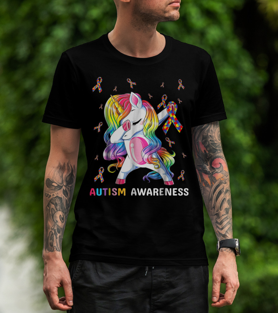 Autism Awareness Unicorn Dabbing With Rainbow Puzzle Ribbons T-Shirt
