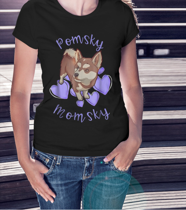 Pomsky Momsky Cute Pomsky With Purple Hearts T-Shirt