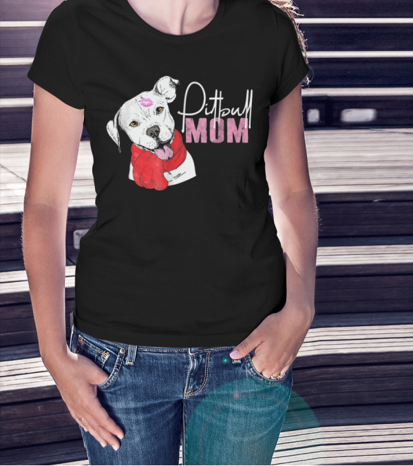 Pitbull Mom Pittie With Kissed Face And Red Scarf T-Shirt