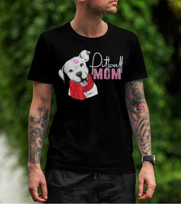 Pitbull Mom Pittie With Kissed Face And Red Scarf T-Shirt