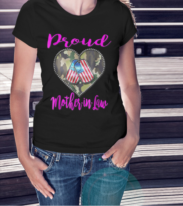 Proud Military Mother-in-Law Heart Dog Tags Camo US Military T-Shirt