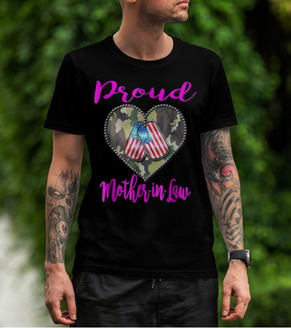 Proud Military Mother-in-Law Heart Dog Tags Camo US Military T-Shirt