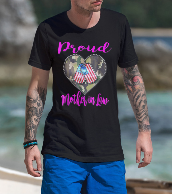 Proud Military Mother-in-Law Heart Dog Tags Camo US Military T-Shirt