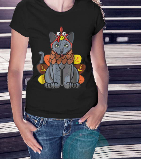 Thanksgiving Greetings Blue Cat Mom Owner With Turkey Costume T-Shirt