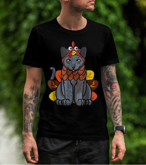 Thanksgiving Greetings Blue Cat Mom Owner With Turkey Costume T-Shirt