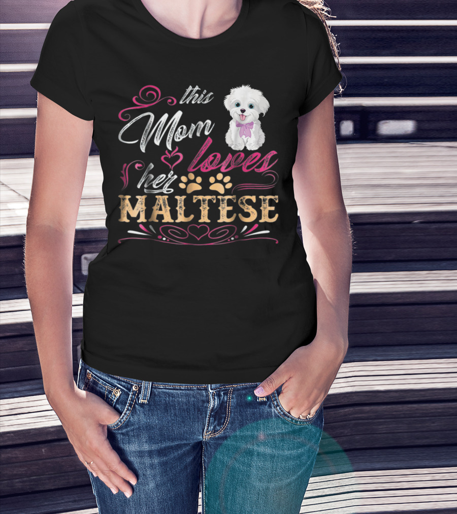 This Mom Loves Her Maltese Dog With Paw Prints And Heart T-Shirt