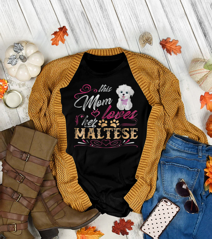 This Mom Loves Her Maltese Dog With Paw Prints And Heart T-Shirt