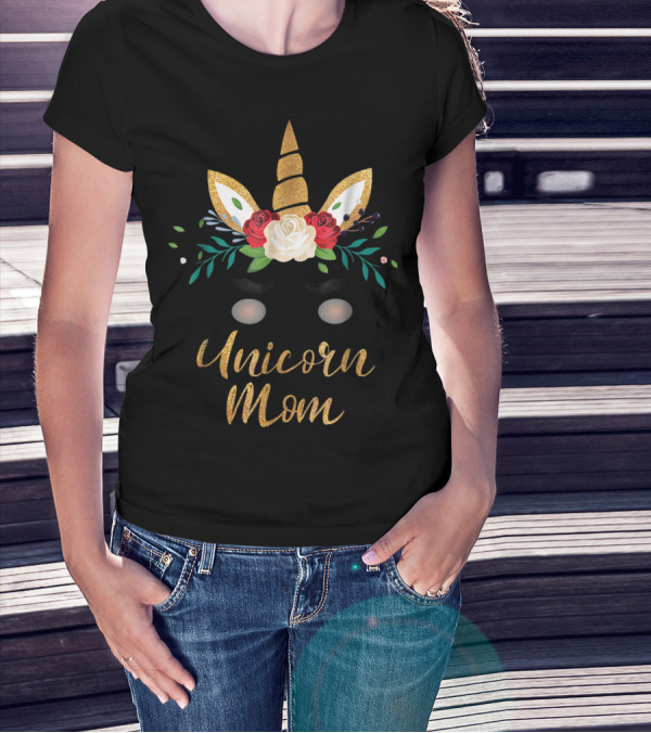 Unicorn Mom Gold Glitter Floral T-Shirt