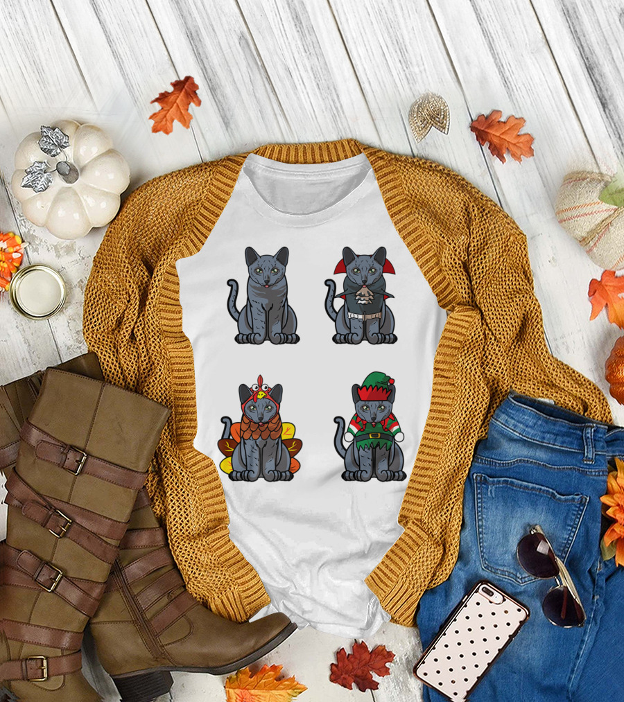 Blue Cat Halloween Thanksgiving Christmas Costumes T-Shirt