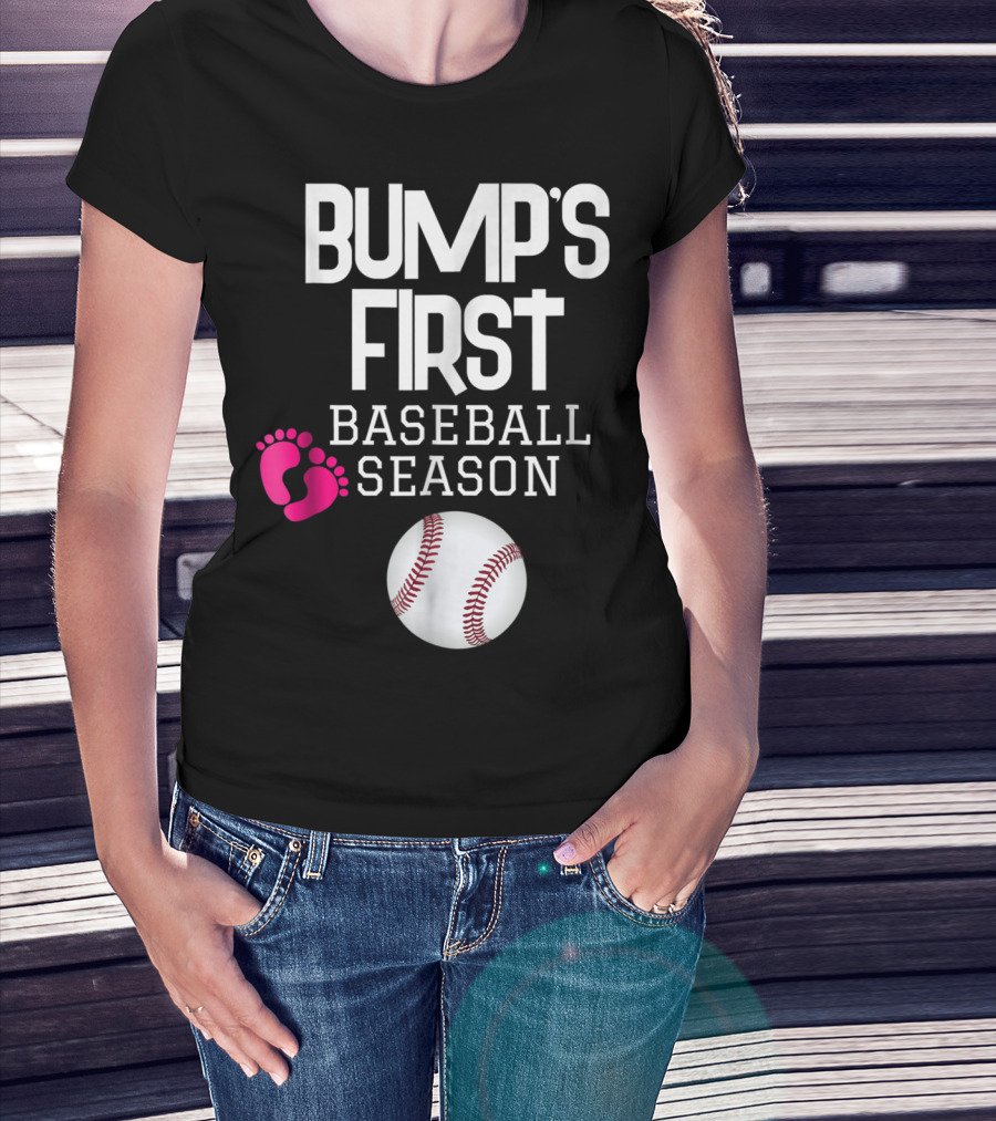 Bump's First Baseball Season New Mom To Be With Baby Footprints And Baseball T-Shirt