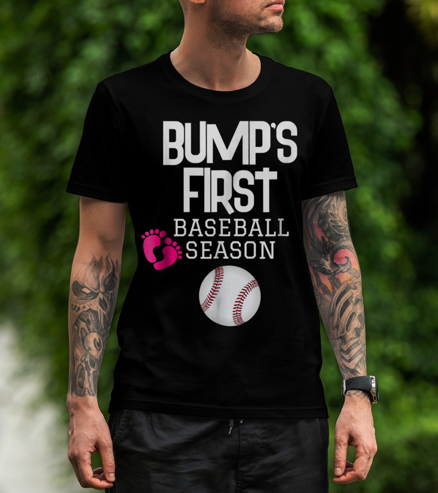 Bump's First Baseball Season New Mom To Be With Baby Footprints And Baseball T-Shirt