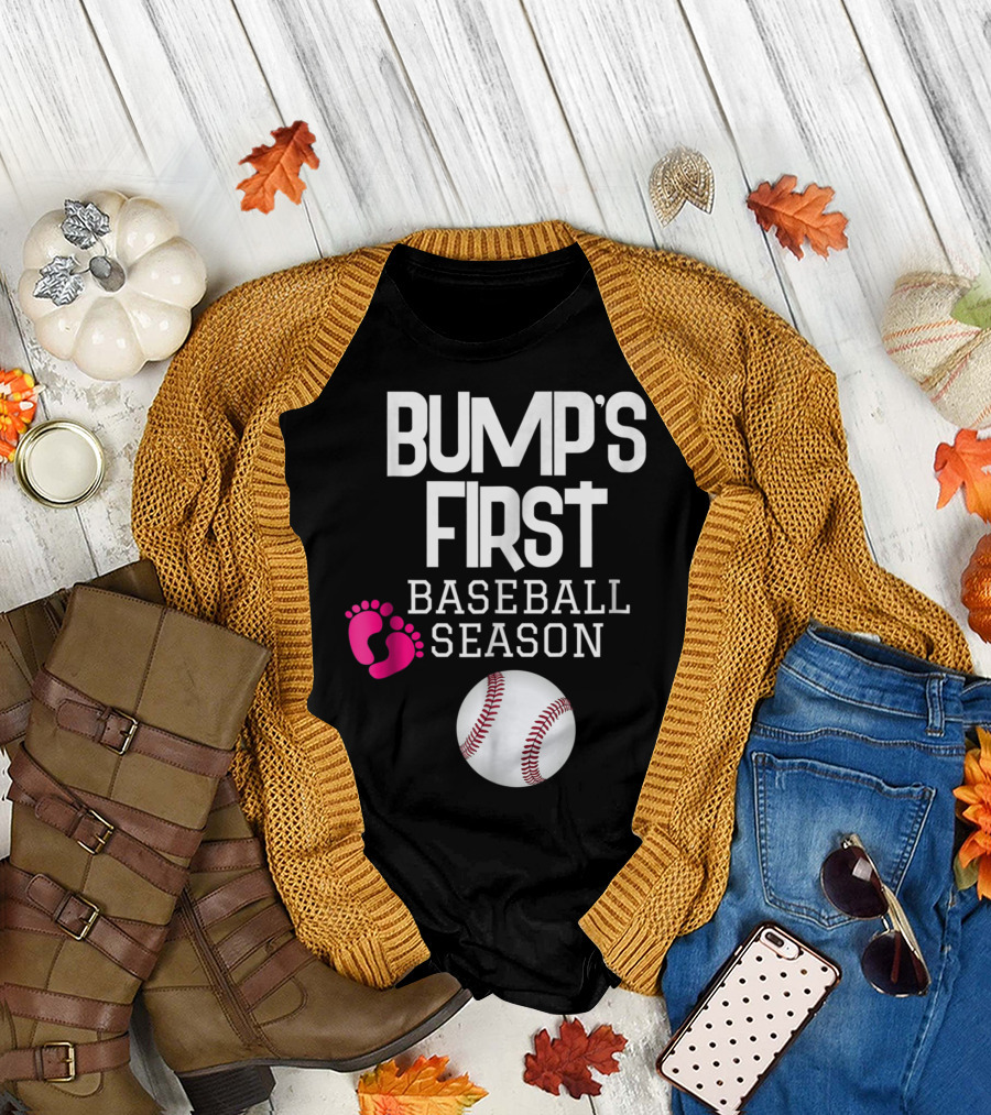 Bump's First Baseball Season New Mom to Be with Baby Footprints and Baseball T-Shirt