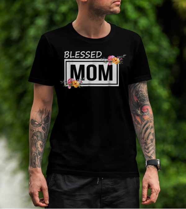 Blessed Mom Floral Text T-Shirt