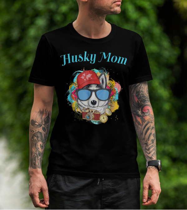 Husky Mom Dog With Red Cap And Sunglasses Surrounded By Camera T-Shirt