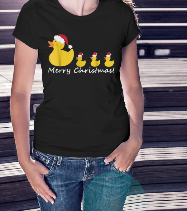 Merry Christmas Rubber Duck Family Santa Hat Mom Of Three T-Shirt