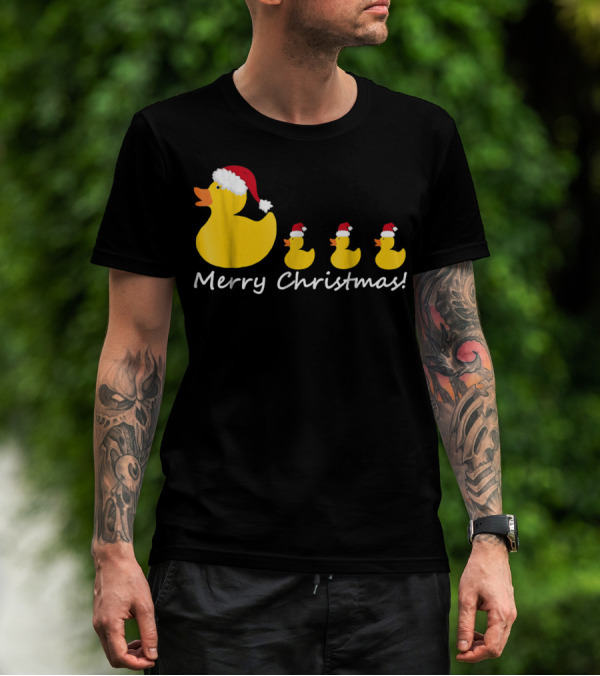 Merry Christmas Rubber Duck Family Santa Hat Mom Of Three T-Shirt