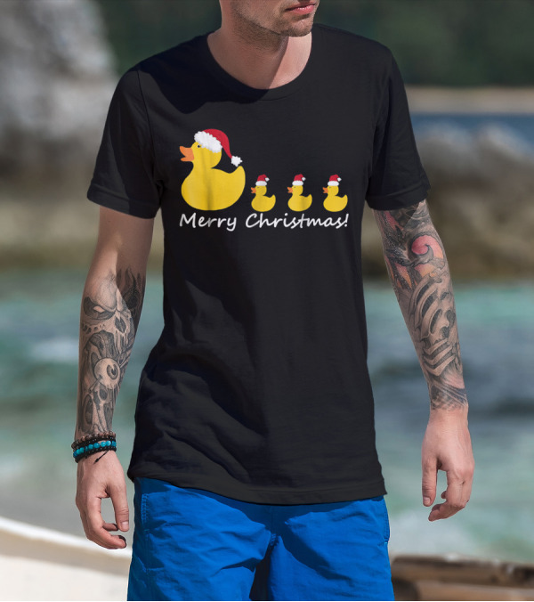 Merry Christmas Rubber Duck Family Santa Hat Mom Of Three T-Shirt