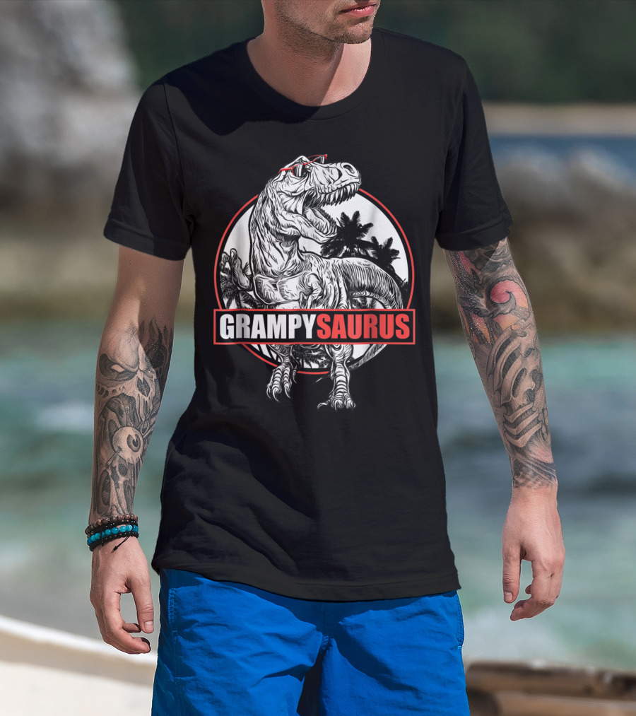 GrampySaurus Dinosaur With Sunglasses And Palm Trees T-Shirt