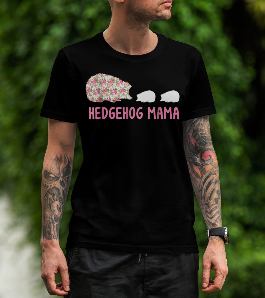 Hedgehog Mama With Floral Pattern And Babies T-Shirt