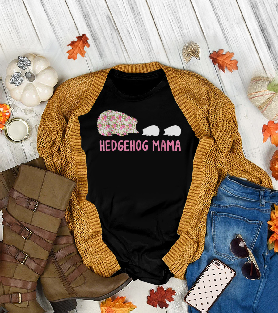 Hedgehog Mama with Floral Pattern and Babies T-Shirt