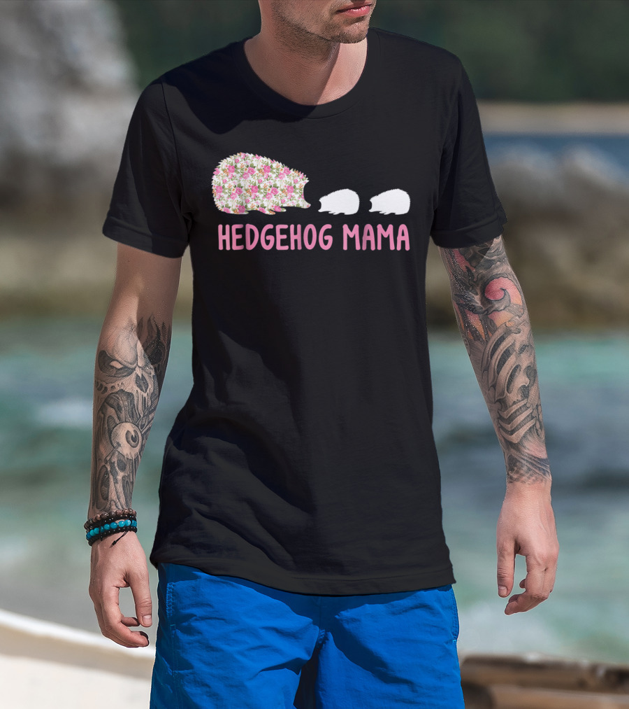Hedgehog Mama With Floral Pattern And Babies T-Shirt