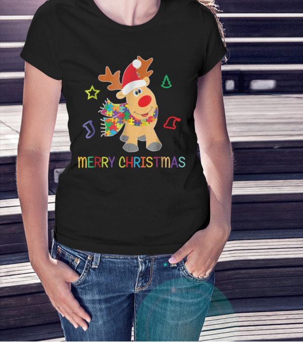 Merry Christmas Autism Awareness Reindeer Puzzle Scarf Holiday Kids 65 T-Shirt