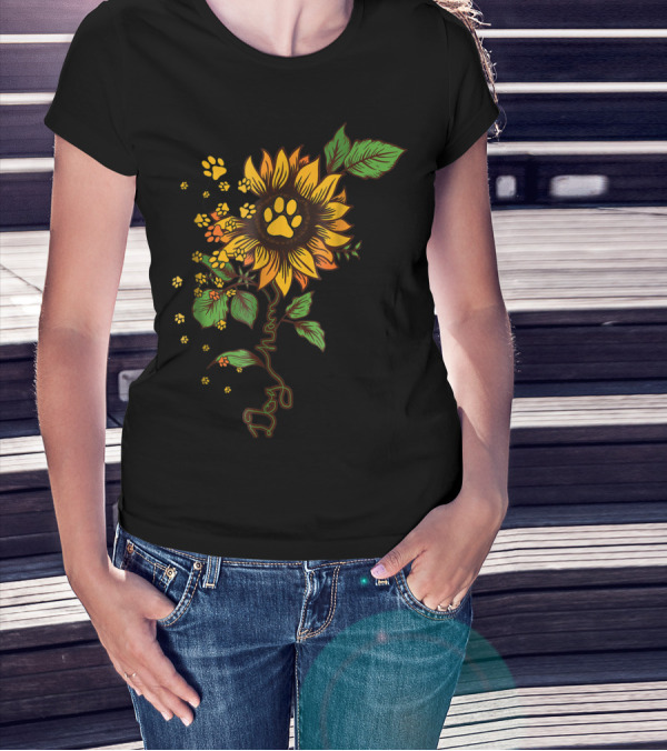 DOG MOM PAW PRINT SUNFLOWER WITH LEAVES T-Shirt
