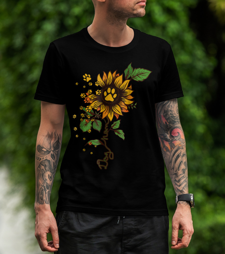 Dog Mom Paw Print Sunflower With Leaves T-Shirt