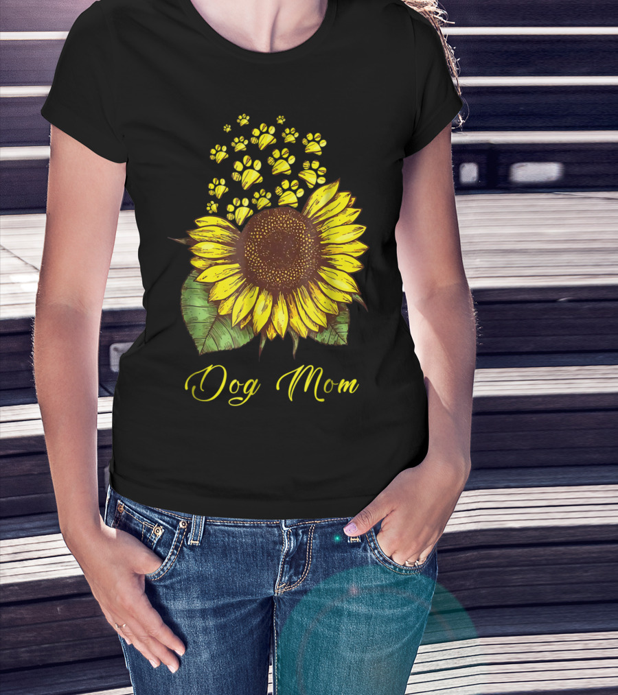 Dog Mom Sunflower With Paw Print Accents T-Shirt