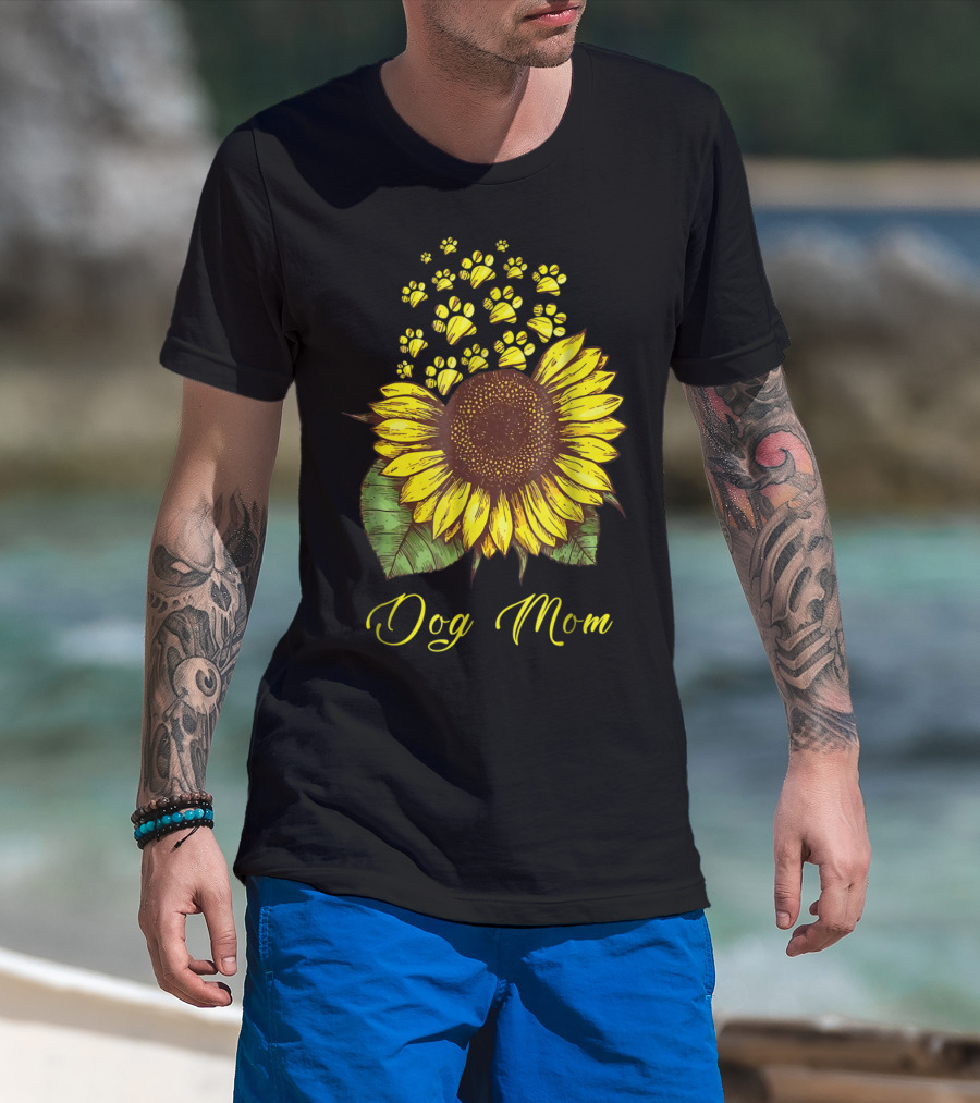 Dog Mom Sunflower With Paw Print Accents T-Shirt