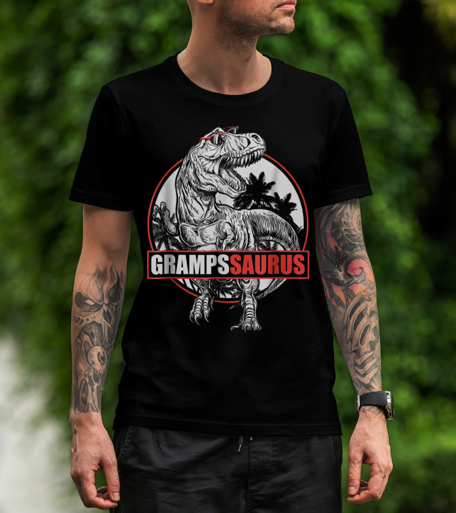 GrampsSaurus Dinosaur Gramps Saurus With Cool Sunglasses And Jungle Background T-Shirt