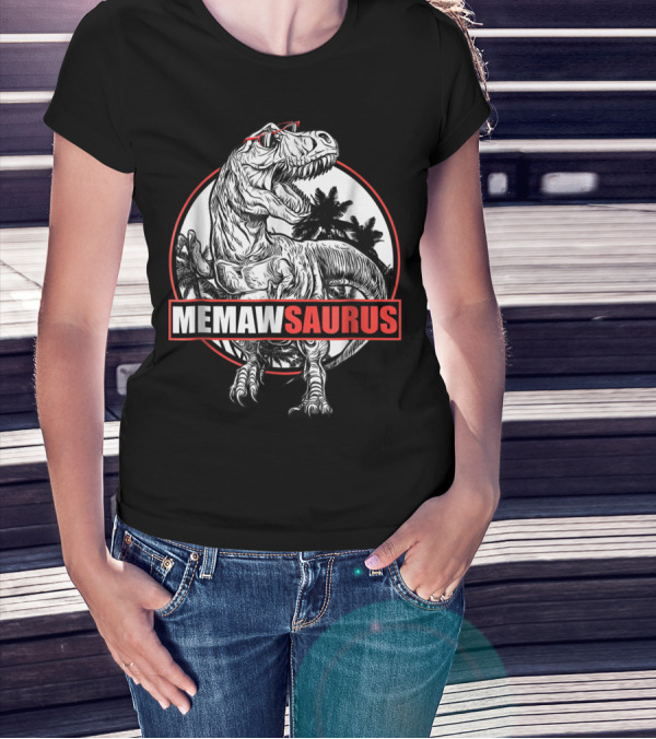 MemawSaurus Dinosaur With Sunglasses Black And Red Outline T-Shirt