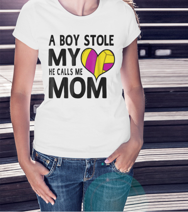 A Boy Stole My Heart He Calls Me Mom Volleyball Heart T-Shirt