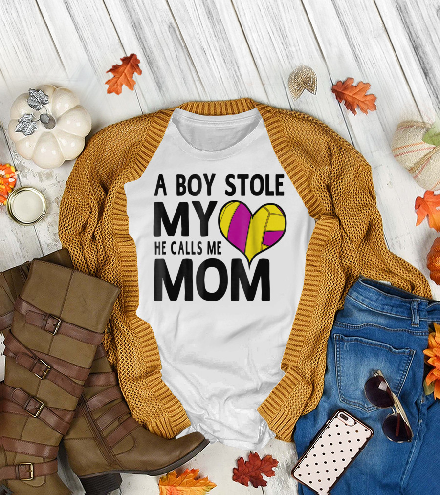 A Boy Stole My Heart He Calls Me Mom Volleyball Heart T-Shirt