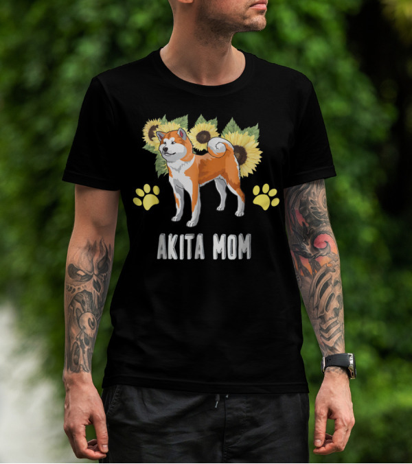 Akita Mom Sunflower With Paw Print Elements T-Shirt