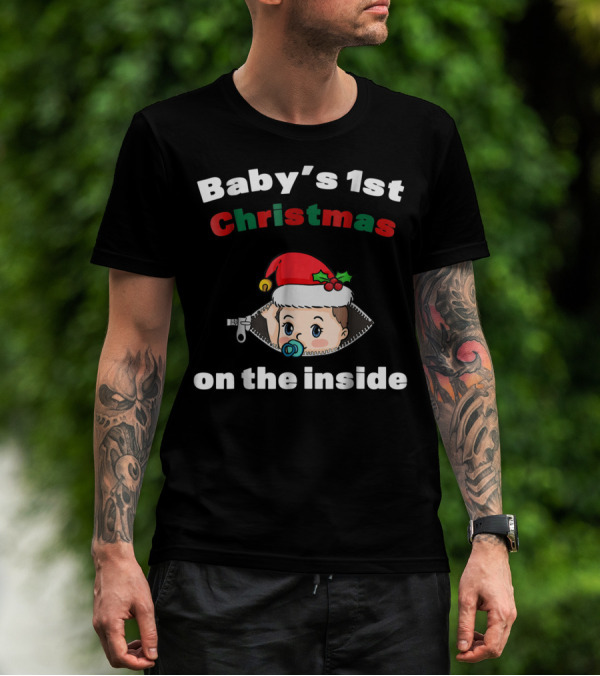 Baby's 1st Christmas On The Inside Mom To Be Santa Hat Zipper T-Shirt